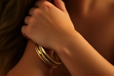Elegant stack of diverse metal bangle bracelets on wrist.